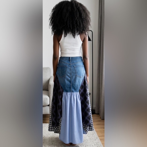 Upcycled Denim and Checkered Patchwork Skirt made w men’s shirts size L/XL - Picture 2 of 4